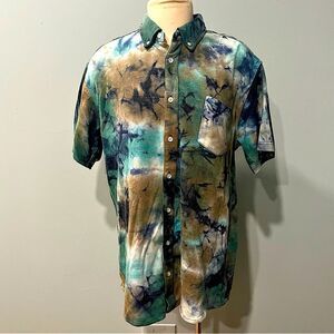 Publish Blue Green Brown Tie Dye Button Front Short Sleeve Shirt Size Large
